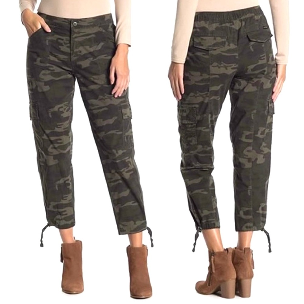 Sanctuary Scout Camo Cargo Pants High Rise Cropped Elastic Waist Draw Cord Hems